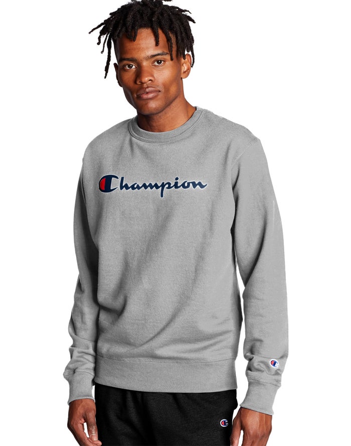 Champion Powerblend Crew Script Logo - Miesten Harmaat Collegepaita - Suomi 7029638-JL